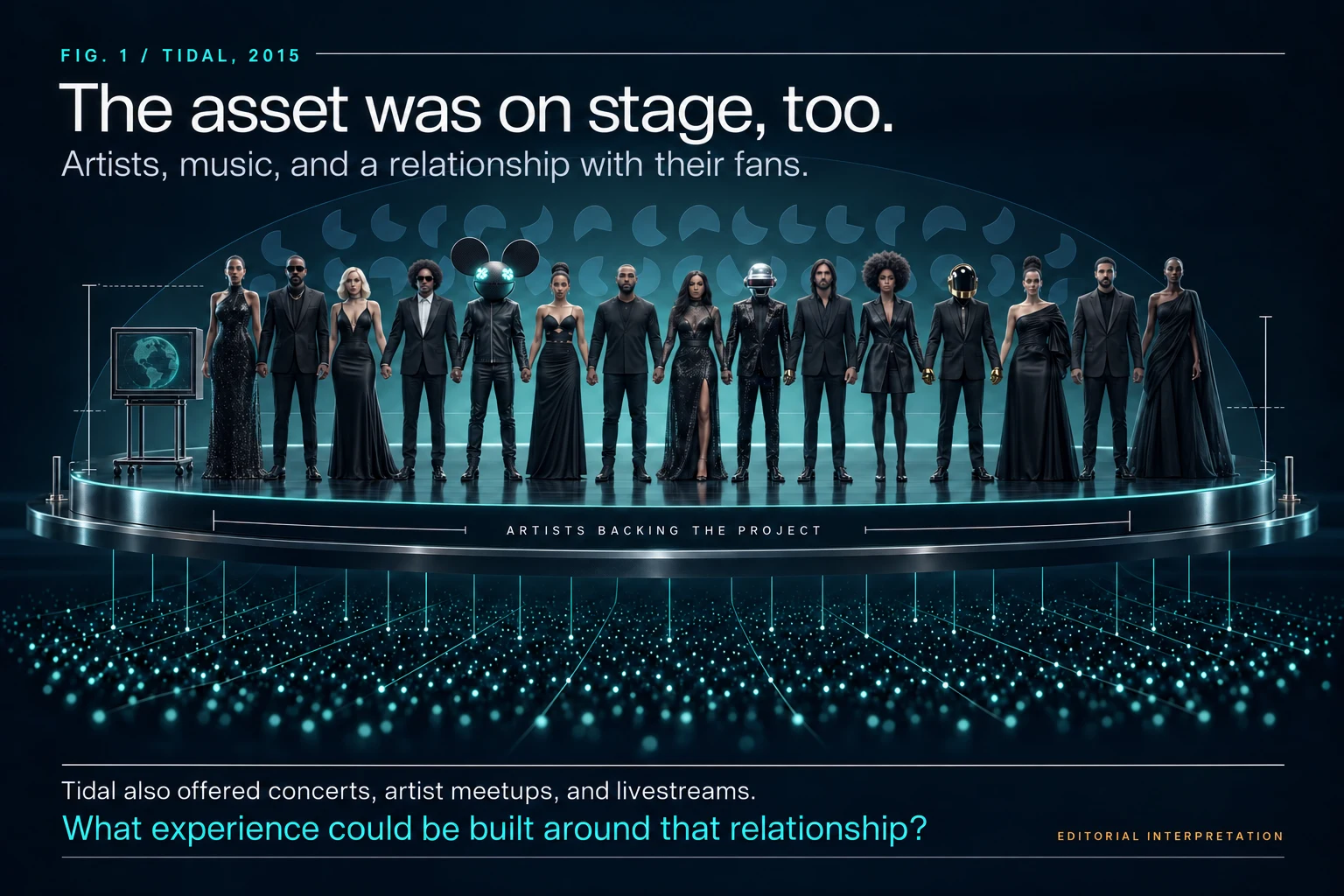 Editorial interpretation of Tidal's 2015 stage: the artists backing the project holding hands on a platform, the wheeled-in television to one side and, below, a field of points standing for the fans connected to them