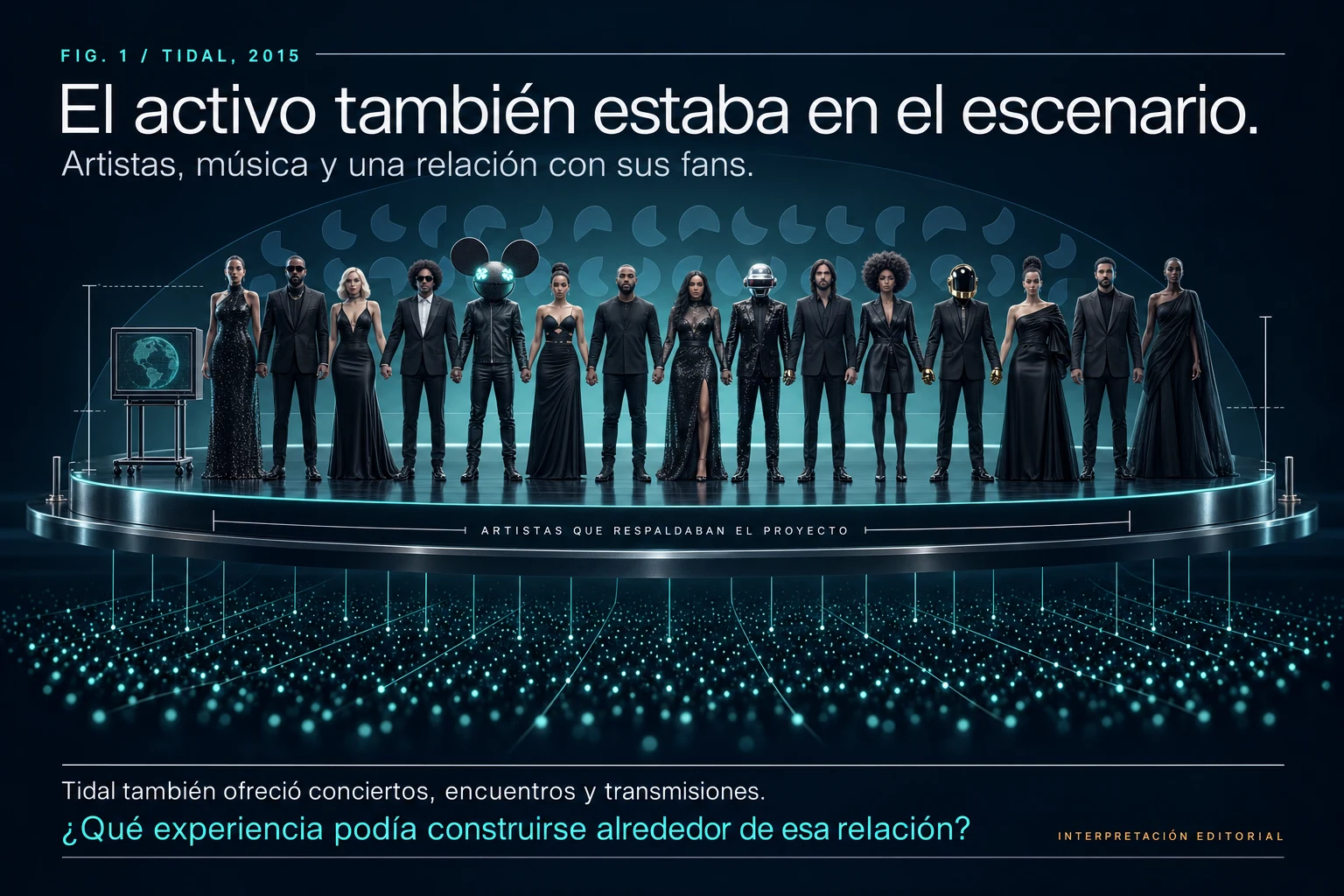 Interpretación editorial del escenario de Tidal en 2015: los artistas que respaldaban el proyecto tomados de la mano sobre una tarima, el televisor con ruedas a un lado y, debajo, un campo de puntos que representa a los fans conectados